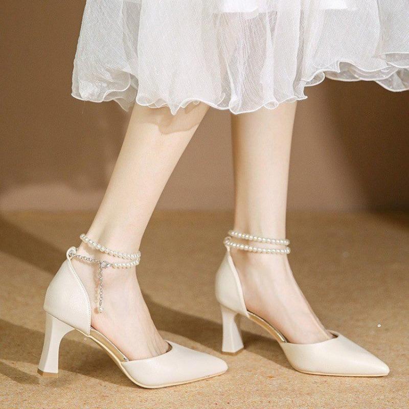 Fashion New White Ankle Pearl Strap Strappy Design Fashion High Heels Women Pumps Stiletto Sexy Dress Wedding Bridal Shoes Dress Shoes