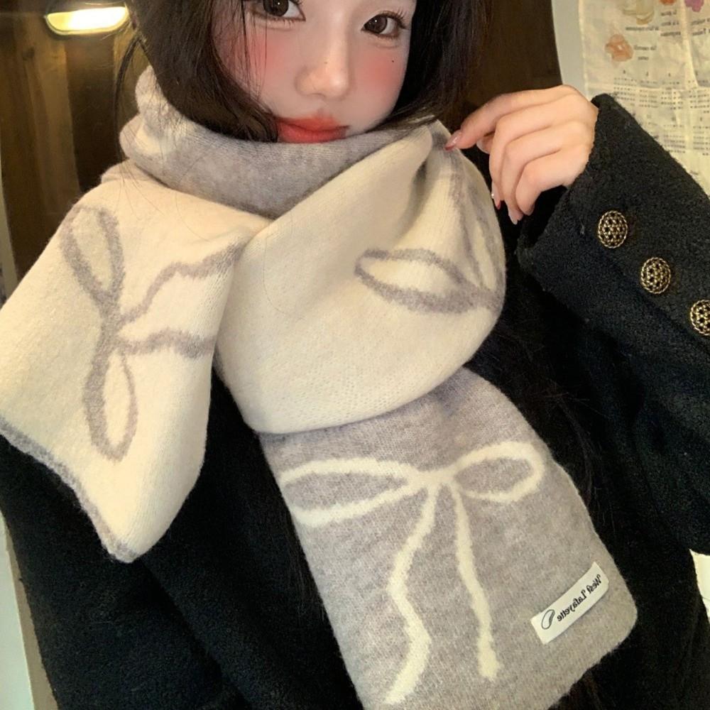 Double-Sided Bowknot Knitted Scarf Thickened Cashmere Scarves New Winter Wool Scarf  Women