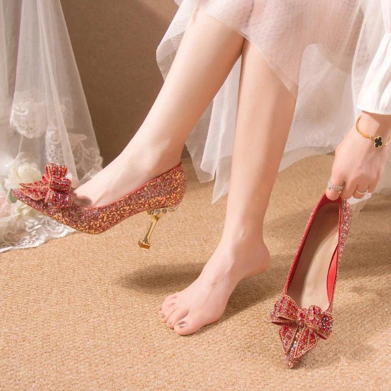 Fashion Women's Rhinestone Wedding Shoes New Year Shoes Luxury Buckle Decorative Banquet Women's Shoes High Heels Gold Silver Red