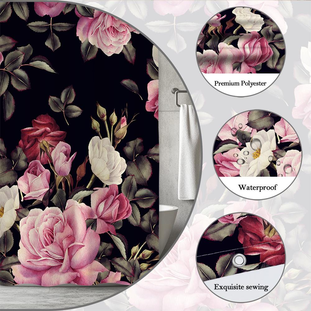 Black Background Rose Floral Shower Curtain Machine Washable All Season Waterproof Privacy Protection Elegant Design Romantic