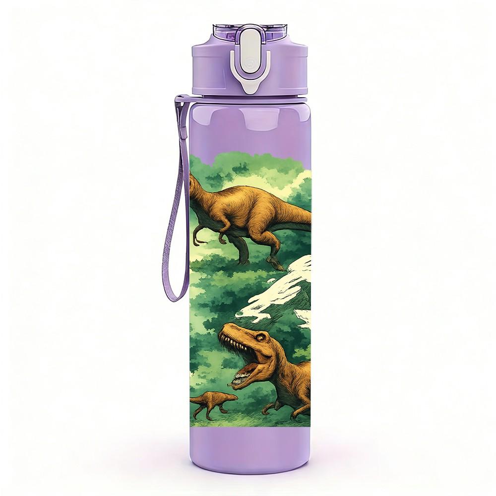 1PC Jungle Dinosaur Group Print 750ml Color Plastic Sports Water Bottle Leakproof Flip Straw Lid Suitable for Sports Office Home Use