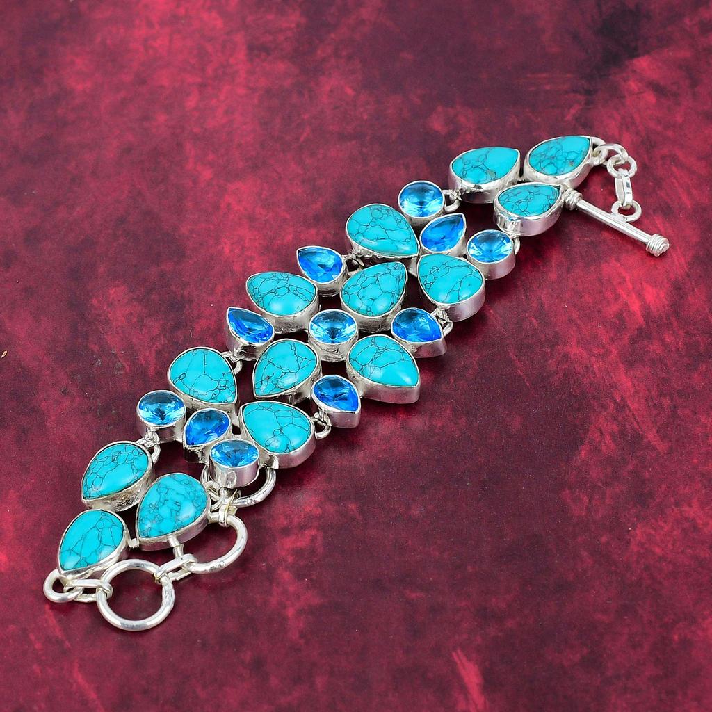 Santa Rosa Turquoise, Blue Topaz 925 Solid Sterling Silver Bracelet, Handmade Gemstone Bracelet Jewelry, Gifts For Wife Brand New Bracelet