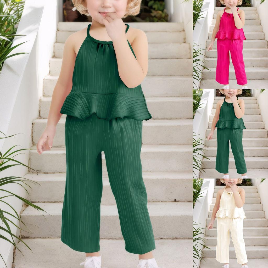 Summer Children Cute Flounder Hem Suspender + Broad LEG Trousers GIRL Casual Top