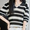Navava Women Striped Collar Short Sleeve Knit Top Nk3690
