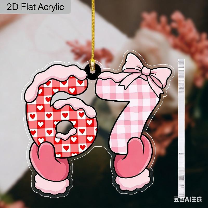 

2D Flat, Valentine s Day Acrylic Heart 67 Number Decoration Sign, Bow, suitable for wall Decoration, porch, room, villa, accents Home, Hallway, or W 8*8CM