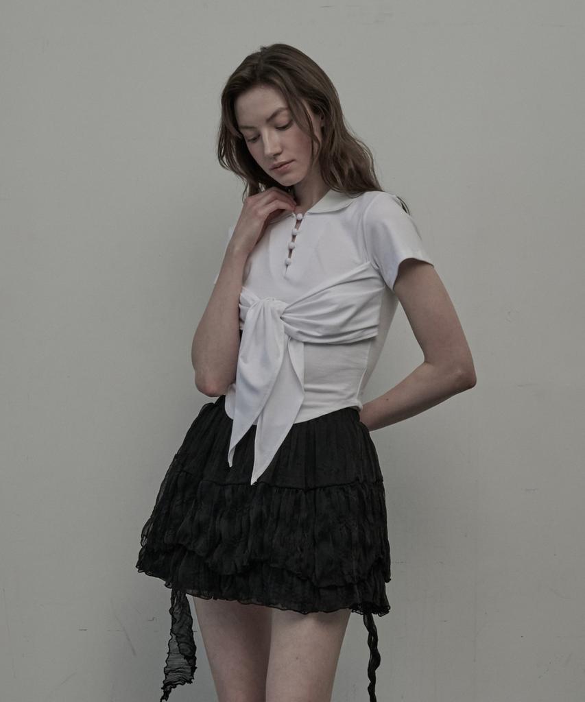 Mausolleum Button Ribbon Collared T-Shirt - White