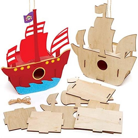 Paquet de 2 l/'artisanat ou les projets de jardin Baker Ross FE357 Kits nichoirs de bateau pirate en bois Artisanat en bois à peindre et à décorer pour les enfants