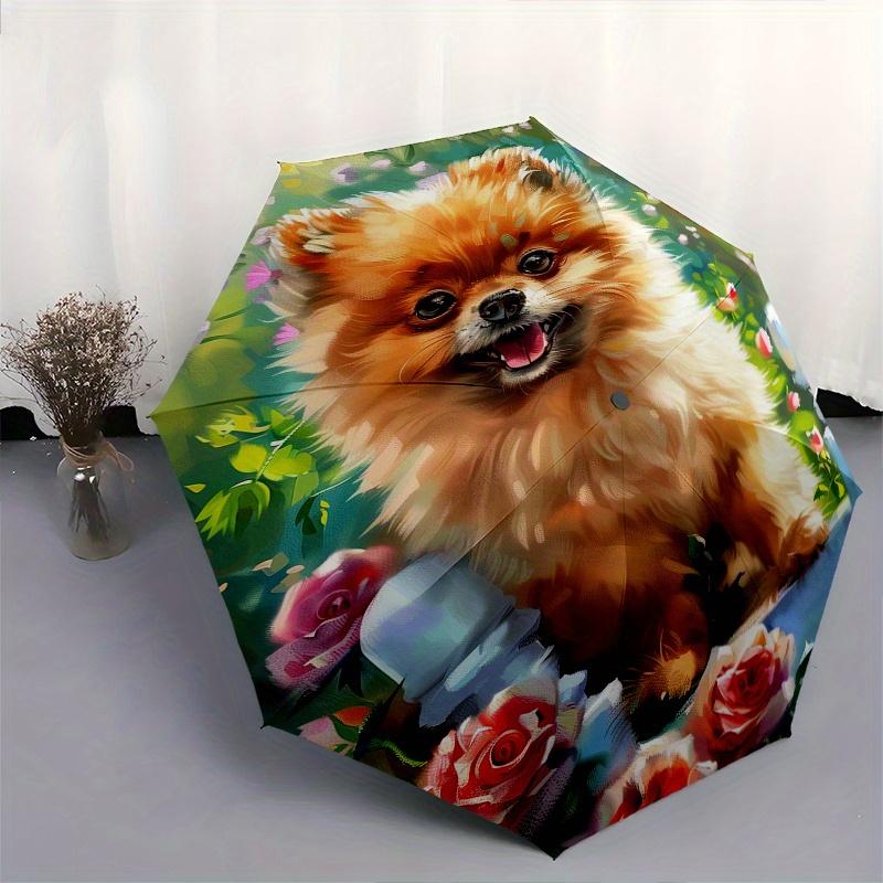 Pomeranian, Garden Theme 8 Bone Hand Automatic Folding Umbrella, Compact and Portable Design, A Perfect Gift for Birthday, Christmas or Busi