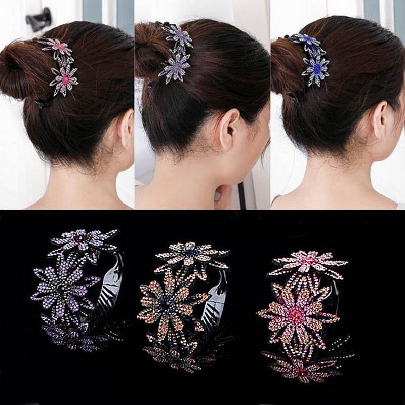 Double-Layer Rhinestone Flower Hair Clip & Hair Tie: Elegant Bun Styling Accessory