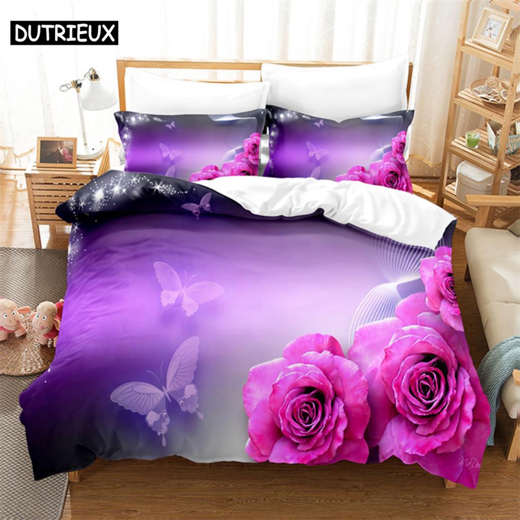 Purple Flower Duvet Cover Set Double Bed 200x200 Thin Floral Bedding Set 3PCS 2PCS with Pillowcase Single Quilt Cover 220x240