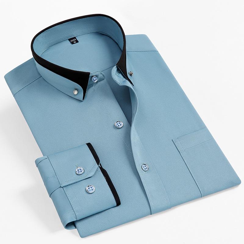 Men's Stretch Long Sleeve Contrast Collar Non-Iron Shirt - Business Casual, Spring/Autumn