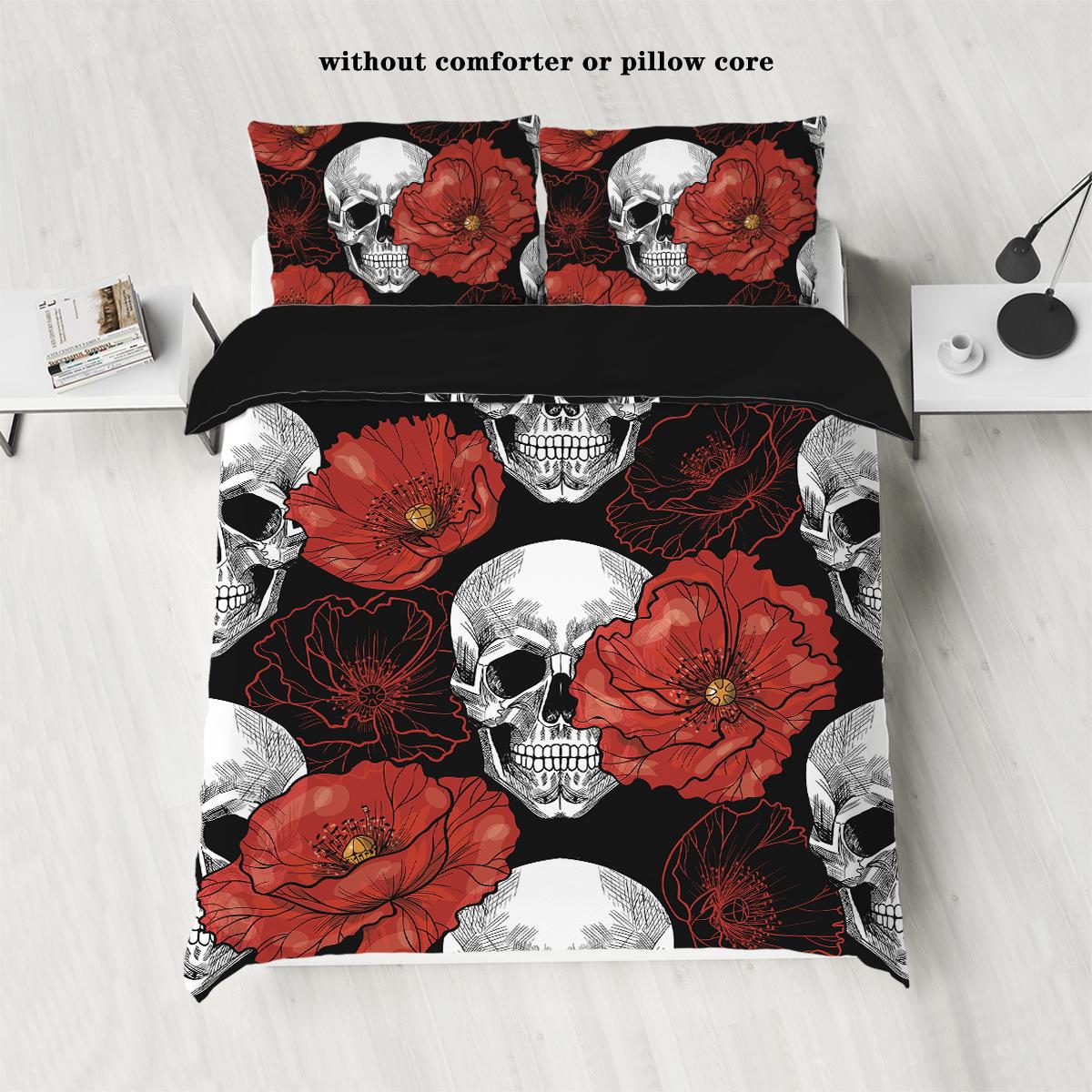 

Комплект пододеяльника из трех частей с принтом в виде черепов и цветов (1 пододеяльник+2 наволочки, без наполнителя) Комплект постельного белья на тему Хэллоуина 135x200cm-EU-Single