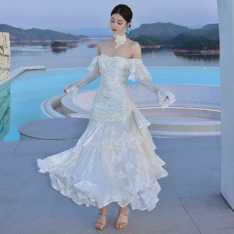 French Mermaid Ji Butterfly Jacquard Dress Lotus Leaf Edge Long Sleeve Light Luxury Dress