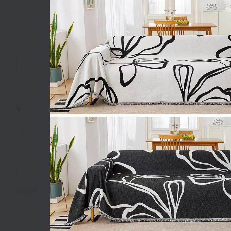 

Скандинавский простой современный цветок диван-полотенце полное покрытие ткань универсальная диванная подушка тканевая подушка нескользящая универсальная на четыре сезона 180*130cm чёрный