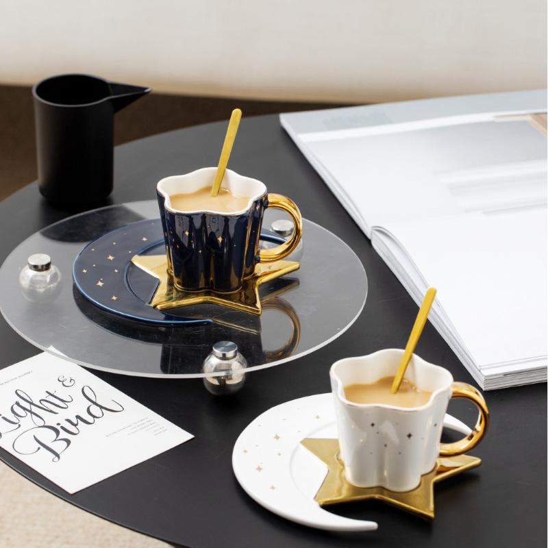 Nordic Ceramic Coffee Cup Saucer Creative High end Gold-patterned Hand Patterned Mug Fashionable Star Moon Style Coffee Cup Saucer