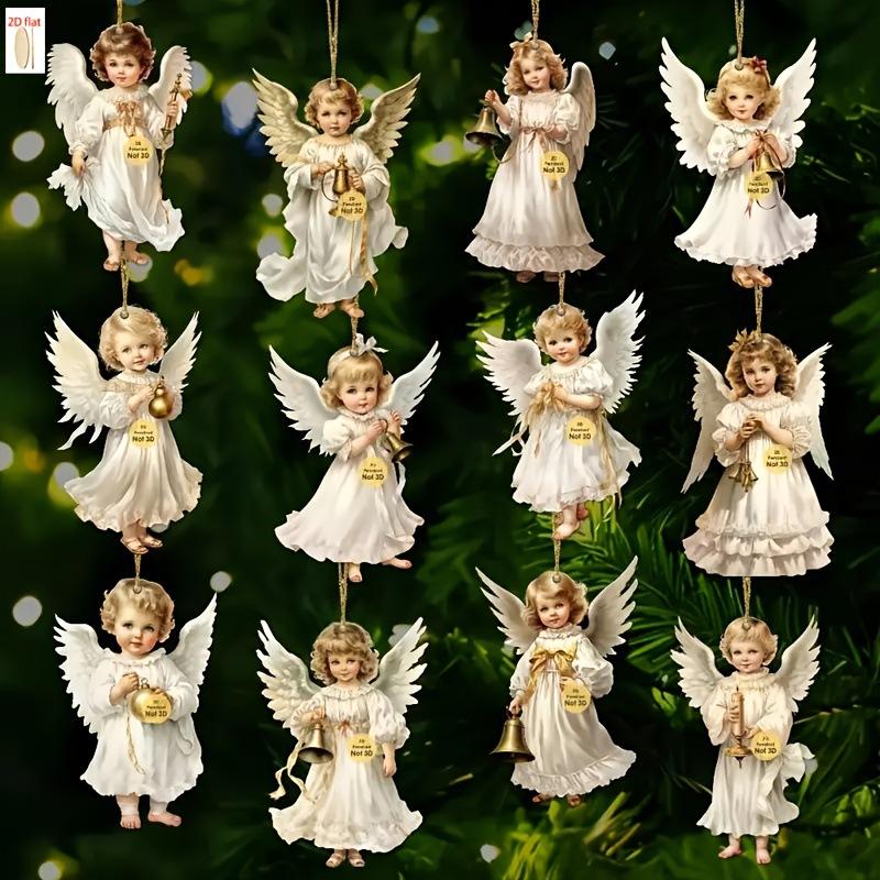 12pcs Vintage Christmas Angel Wooden Pendants, Artificial Wood Hanging Ornaments Perfect For Home & Outdoor Holiday Decor