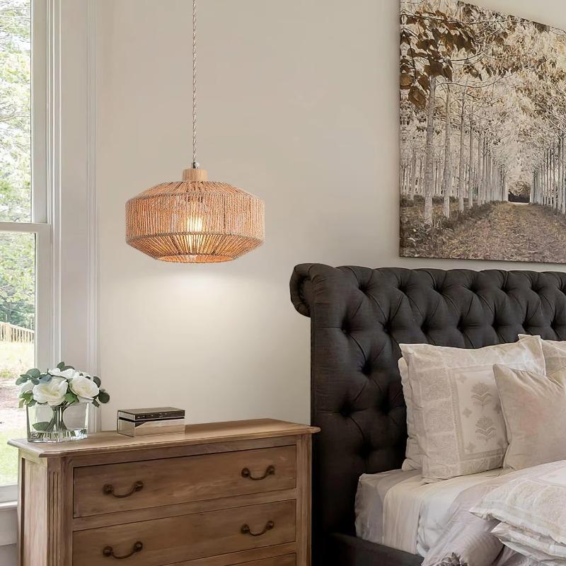 Woven Plug in Pendant Light with Handmade Hemp Rope Shade Dimmable Switch Natural Basket Hanging Lamp for Home Decor Lighting