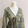 Brown Floral Print Deep V-Neck Long Sleeve Blouse with Bow and Ruffle Hem