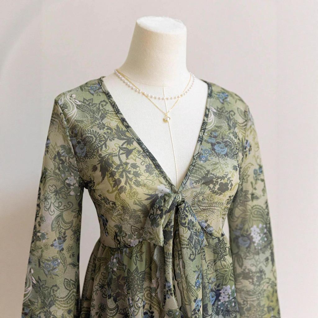 Brown Floral Print Deep V-Neck Long Sleeve Blouse with Bow and Ruffle Hem