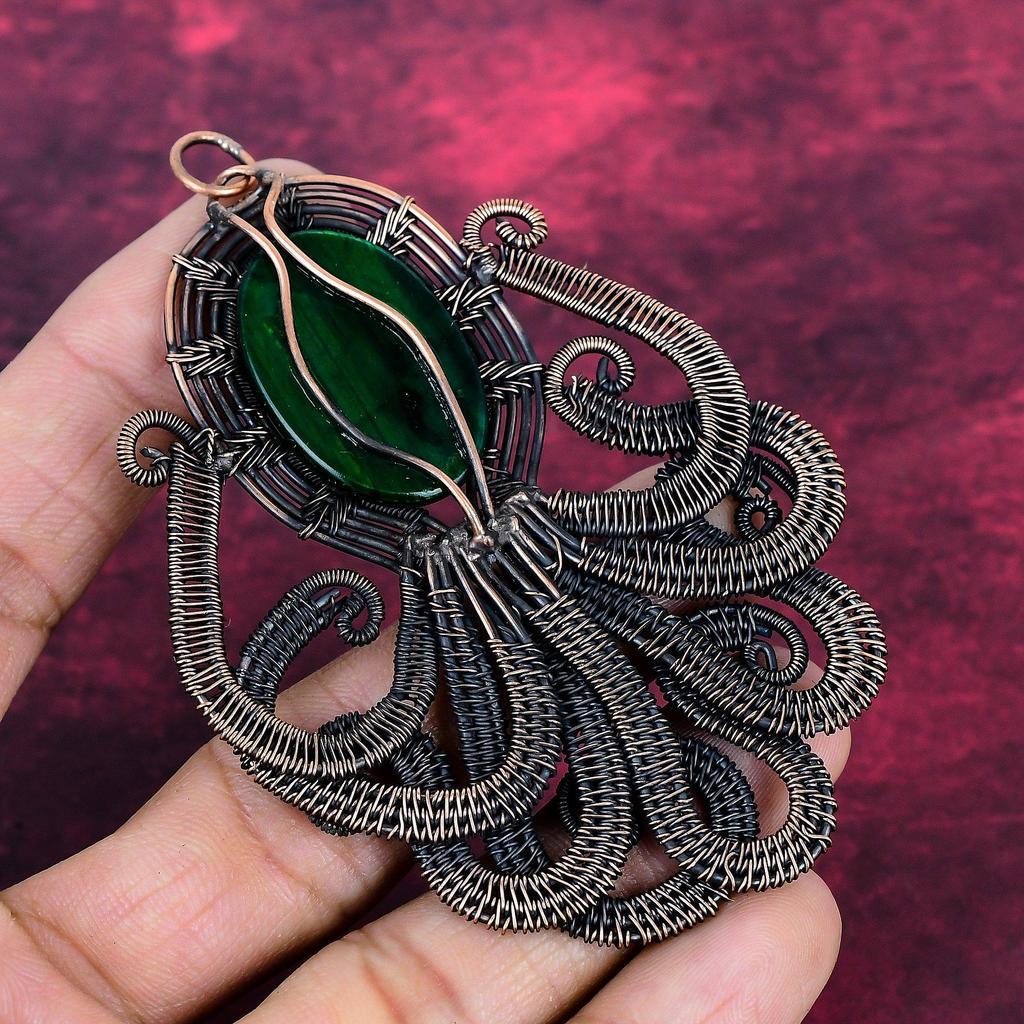 Green Fire Labradorite Real Gemstone Pendant Octopus Copper Wire Wrapped Jewelry