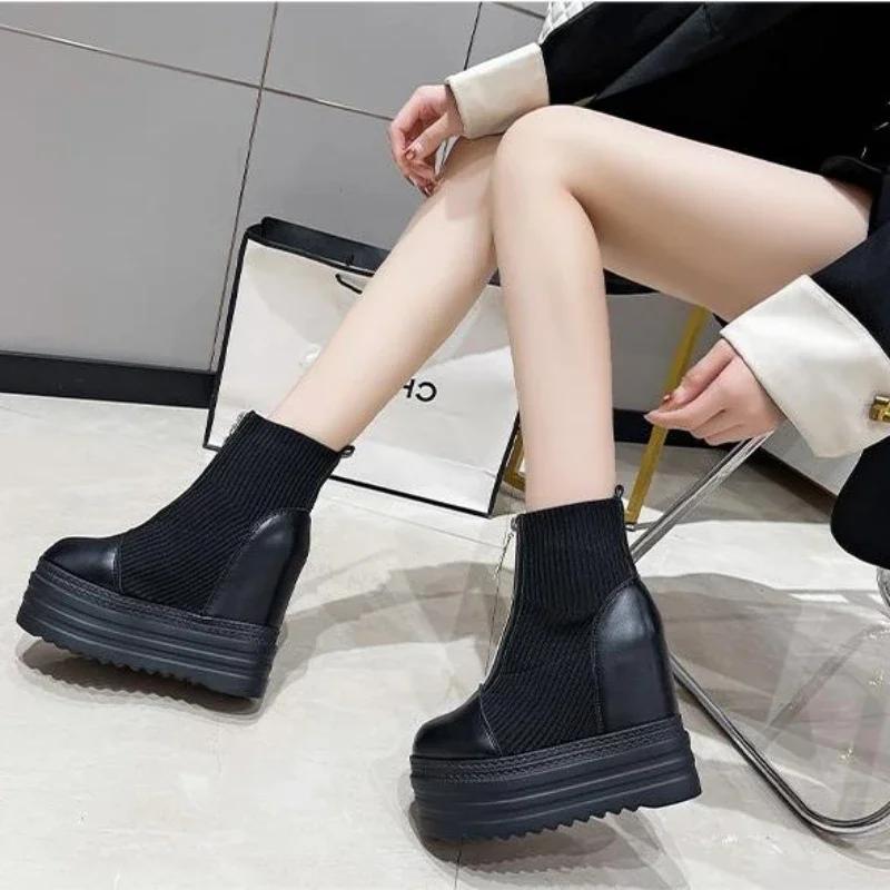 Moda 2024 Nuevas Botas de Tobillo de Invierno para Mujer Botas de Plataforma de Calidad Moda Femenina Bota Corta Tacón Alto Negro 13.5cm Cremallera Zapatos de Calceta para Mujer