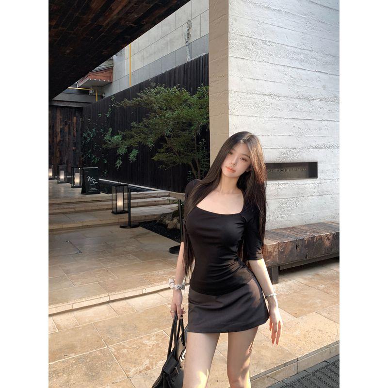 Kumikumi Pure Desire Style Suit Black Sexy Half Sleeve T-shirt Female Autumn High Waist Slimming Skirt Two-piece Set