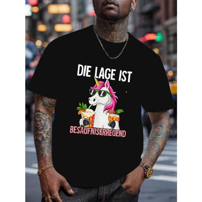 Men s Beer Mug Graphic T-Shirt - Die Lage Ist Besaufragen & Suitable for Text, Loose Fit Crew Neck Short Sleeve Casual Shirt, Lightweight Summer Top S чёрный