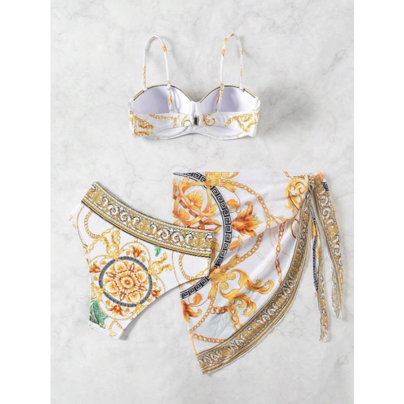 Women's Luxury Baroque Chain Print Bikini Set with Cover Up 3 Piece Swimwear