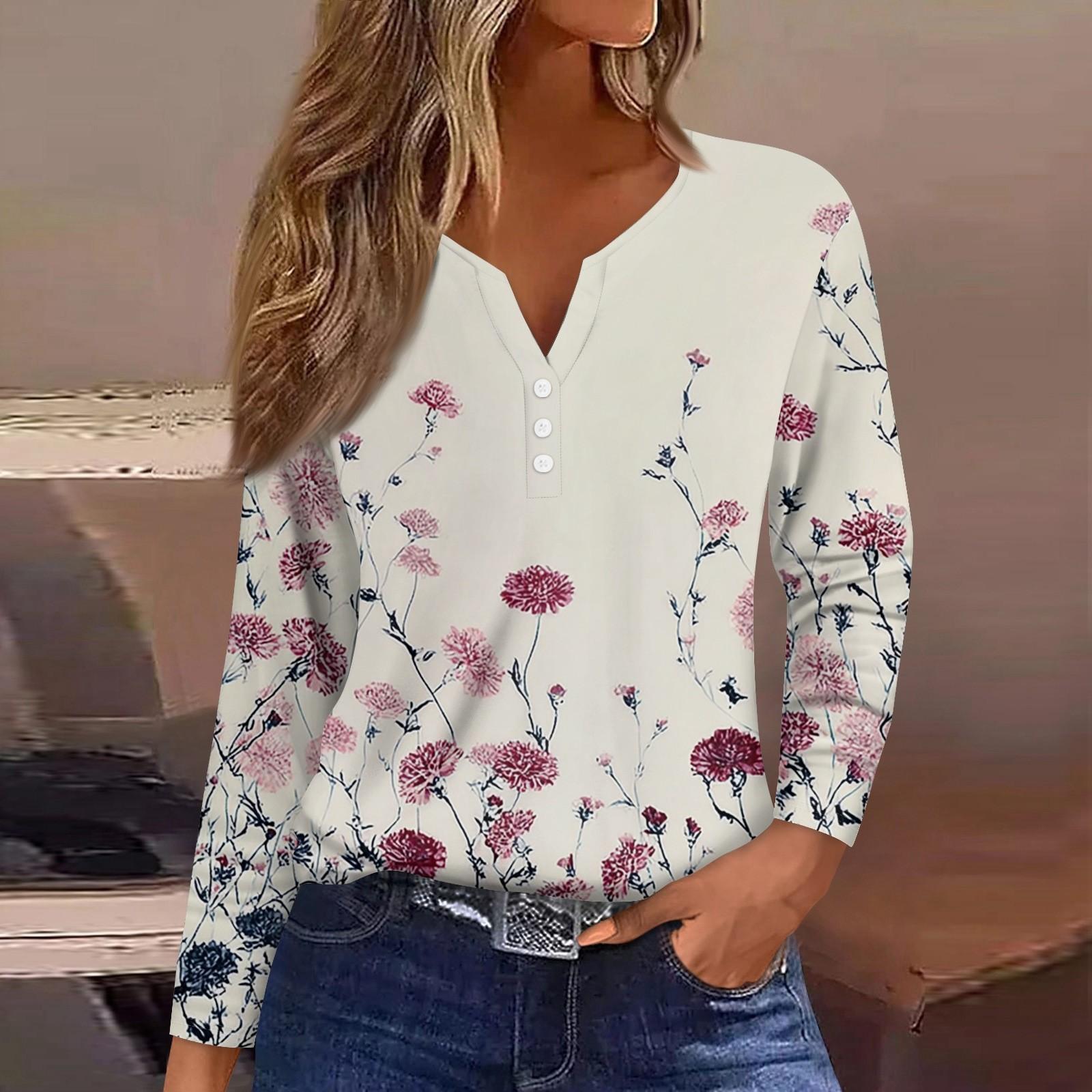 

Жіноча футболка з довгим рукавом і квітковим принтом на ґудзиках, щоденна мода на вихідні, звичайний топ із V-подібним вирізом M рожевий