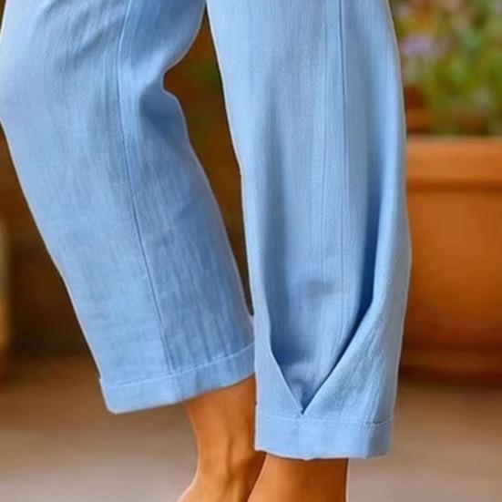 Women Pants Mid-rise Elastic Waist Solid Color Casual Trousers with Pockets Loose Fit Leisure