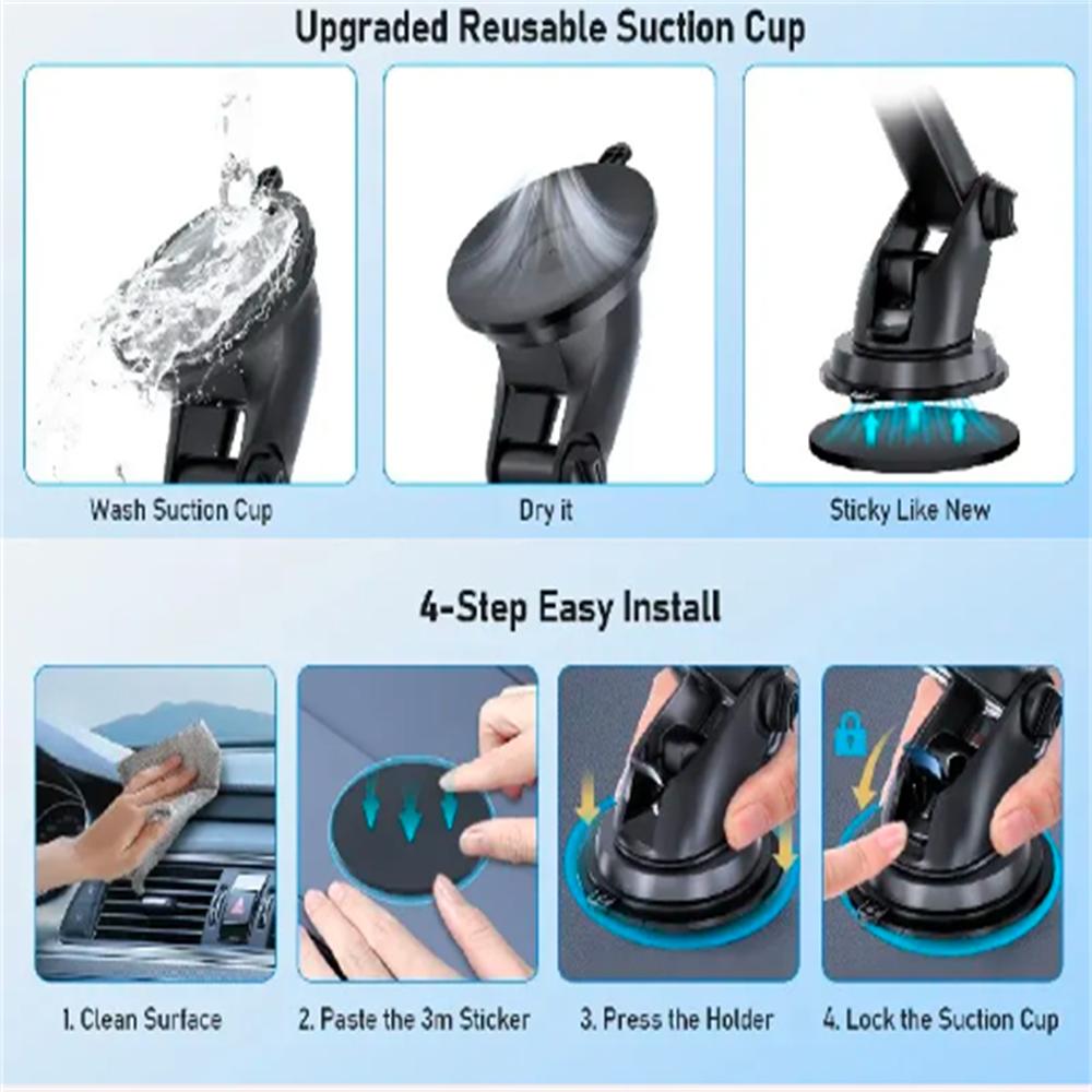 Phone Mount for Car, 3in1 Long Arm Suction Cup Holder Universal Cell Phone Holder Mount Dashboard Windshield Vent Compatible with All Smartphones