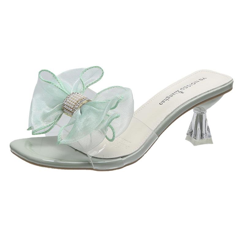 

Korean version of high-heeled cool slippers women s summer thin-heeled bows transparent crystal waterproof table sandals thick-soled fish-mouth sand 40 зелений