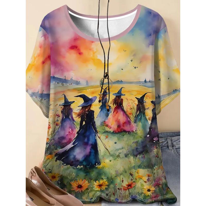 Moda Donna Girocollo Manica Corta Stampa Colore 3D Casual T-shirt Casual a Manica Corta Girocollo