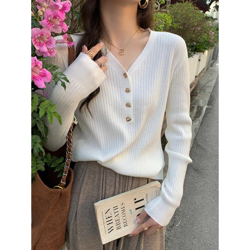 V-neck Fashion Women's Knitted Sweater Pullover Bottoming Shirt Spring Buttons Long Sleeved Top Outside Solid Color Casual Office Elegant Clothing