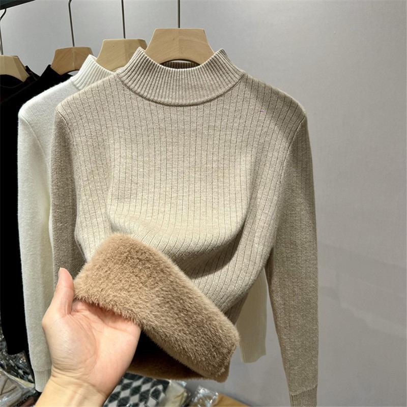 Pulover cald coreean Pulover Femei Iarna Subțire Îngroșare Pluș Căptușit din catifea Tricoturi Jumper Jumătate Gât țesut Poleras Topuri din tricot moale