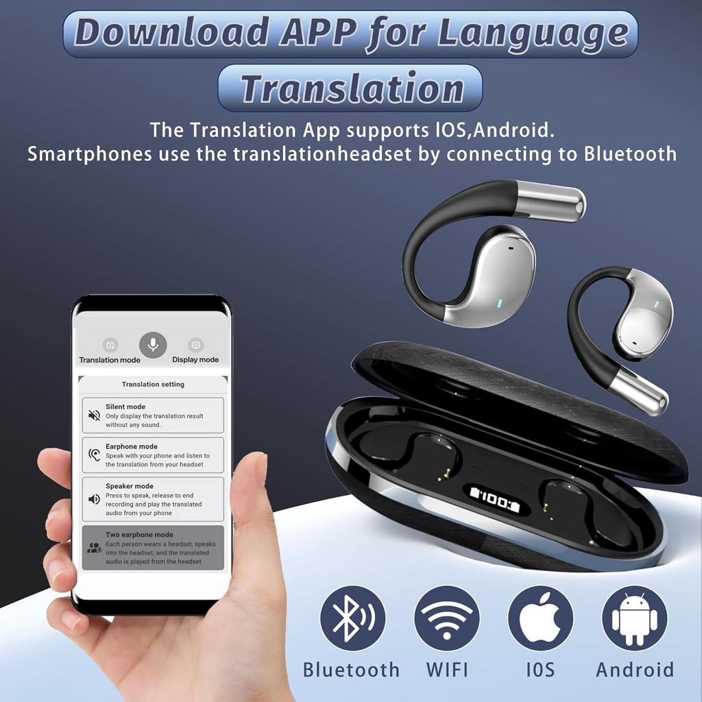 Language Translation Wireless Earbuds 3-in-1 AI Translator Earphone with 134 Language Real-Time Translation Headphone 60h Long Life HiFi Sound