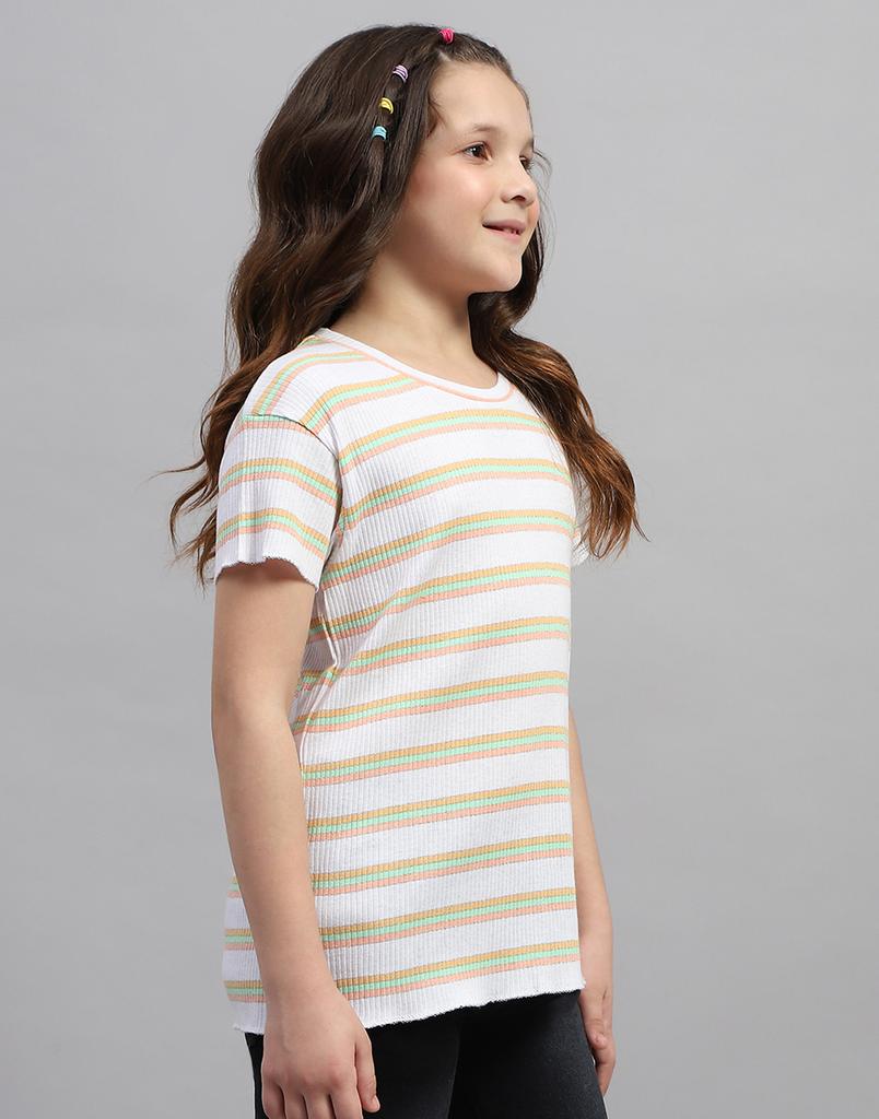 Monte Carlo Girls Orange Striped Round Neck Half Sleeve Top
