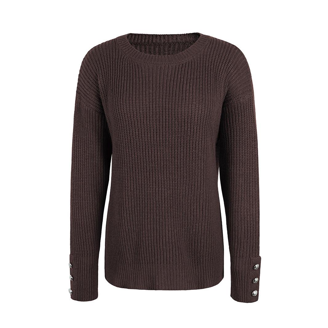 

Осінь-зима Вінтажний вільний топ з довгими рукавами Однотонний трикотажний светр з круглим вирізом XL кавовий