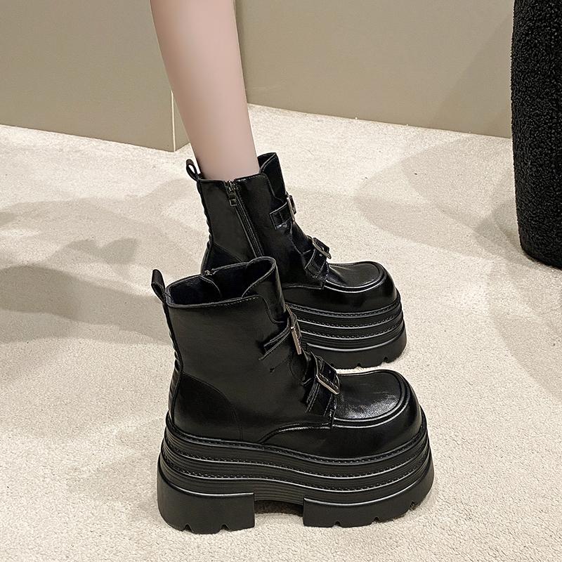 Fashion Winter Women Biker Boots Fashion Belt Buckle Ladies Elegant Platform Flats Short Booties Casual Women's Knight Booties