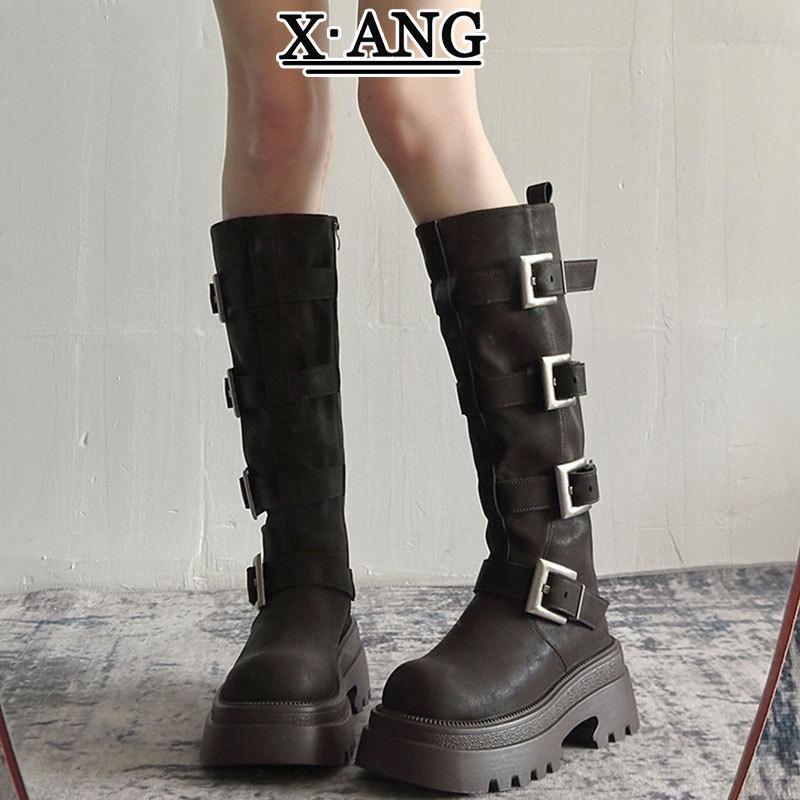 

Cowhide version but knee thick-soled heightening small long boots women s thick heel thin locomotive knight boots high boots 40