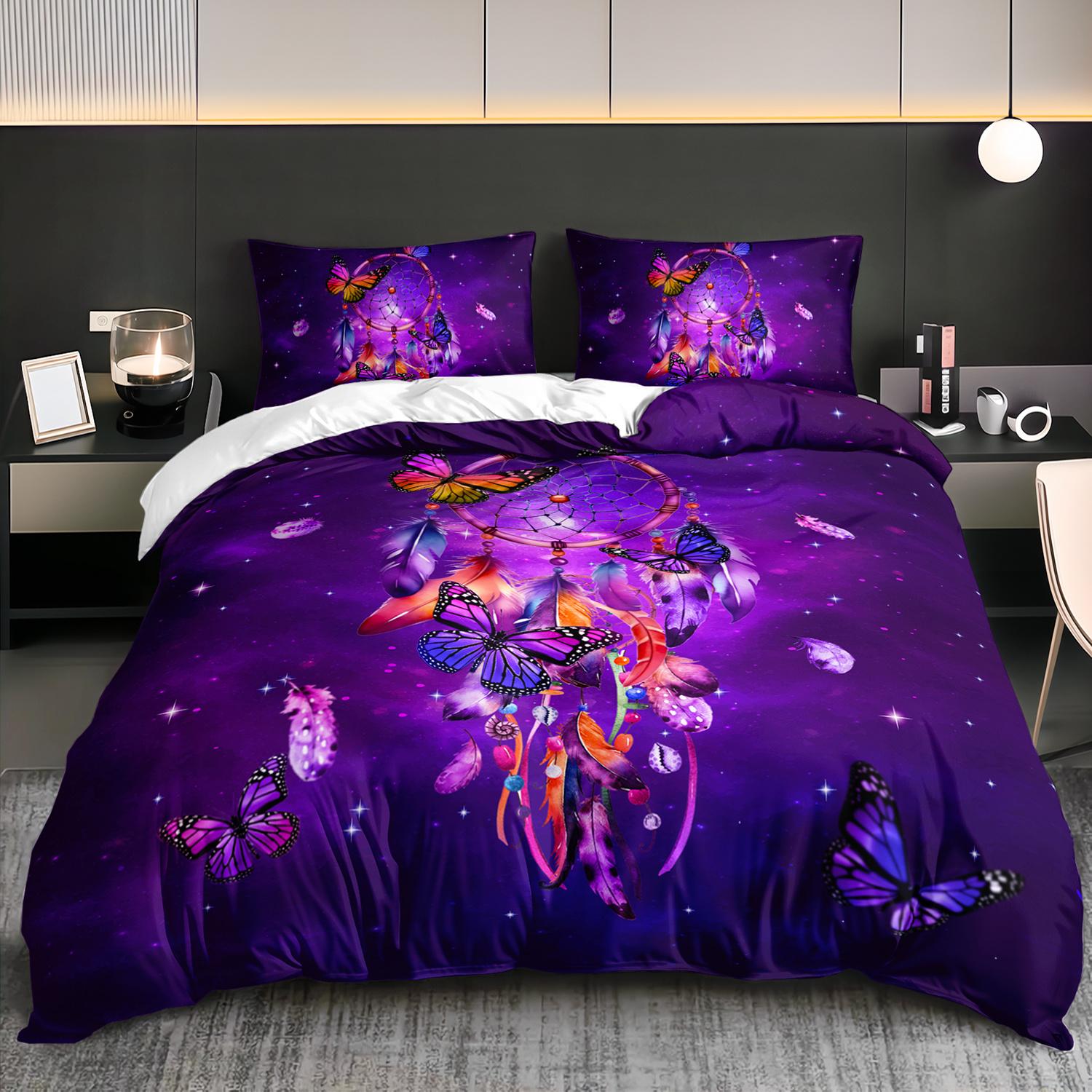 3pcs Bohemian Butterfly Bedding Duvet Cover Set Purple for galaxy Bedding Set Bohemian Themed Purple Butterfly Bedroom Decor (135x200cm)