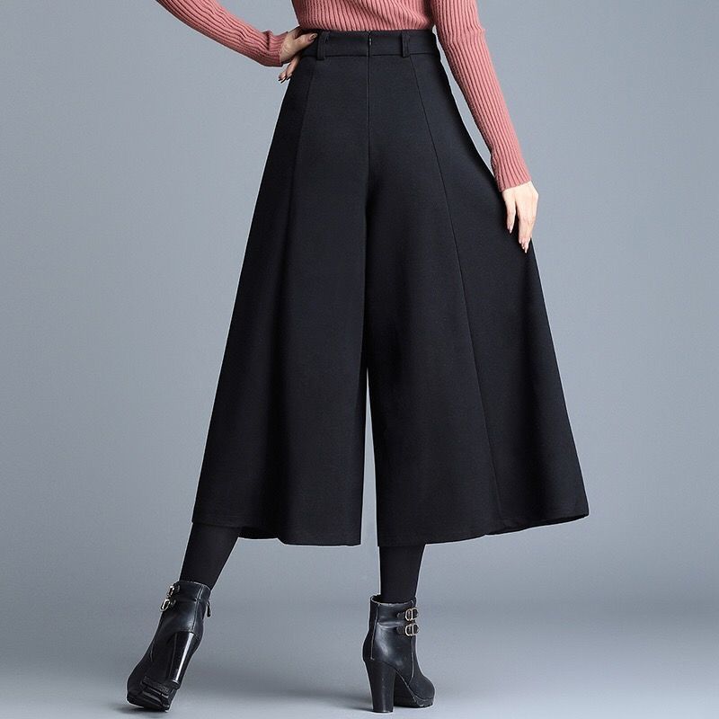 

Spring Autumn Winter Women s Woolen Pants Solid Pocket Elastic High Waist Fashion Elegant Loose Wide Leg Ankle Length Trousers 4XL чорний