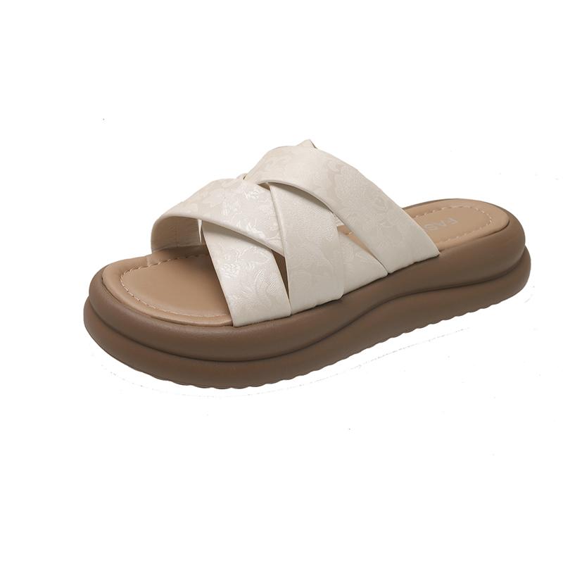 Платформенные шлепанцы Женские Летние Для улицы Новые Круглый носок Открытый носок Перекрещивающиеся ремешки Повседневные Нескользящие Пляжные Шлепанцы 35