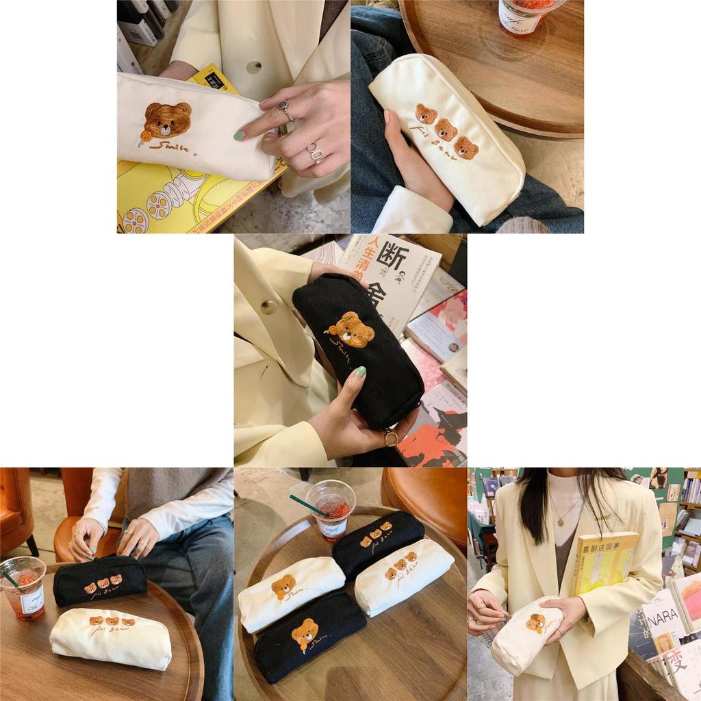 Cute Bear Embroidery Canvas Pencil Case Japanese Style Stationery Pouch Large Capacity Storage Bag