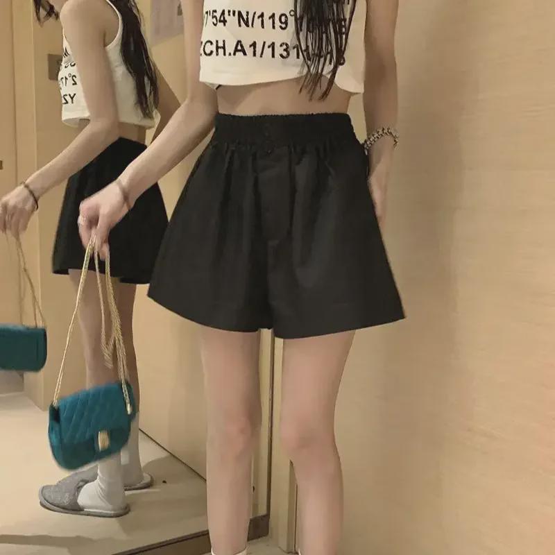 2023 New Women's High Waist Elastic Wide Leg Summer Shorts - Korean Style, Slim Fit, Solid Color, Casual & Versatile
