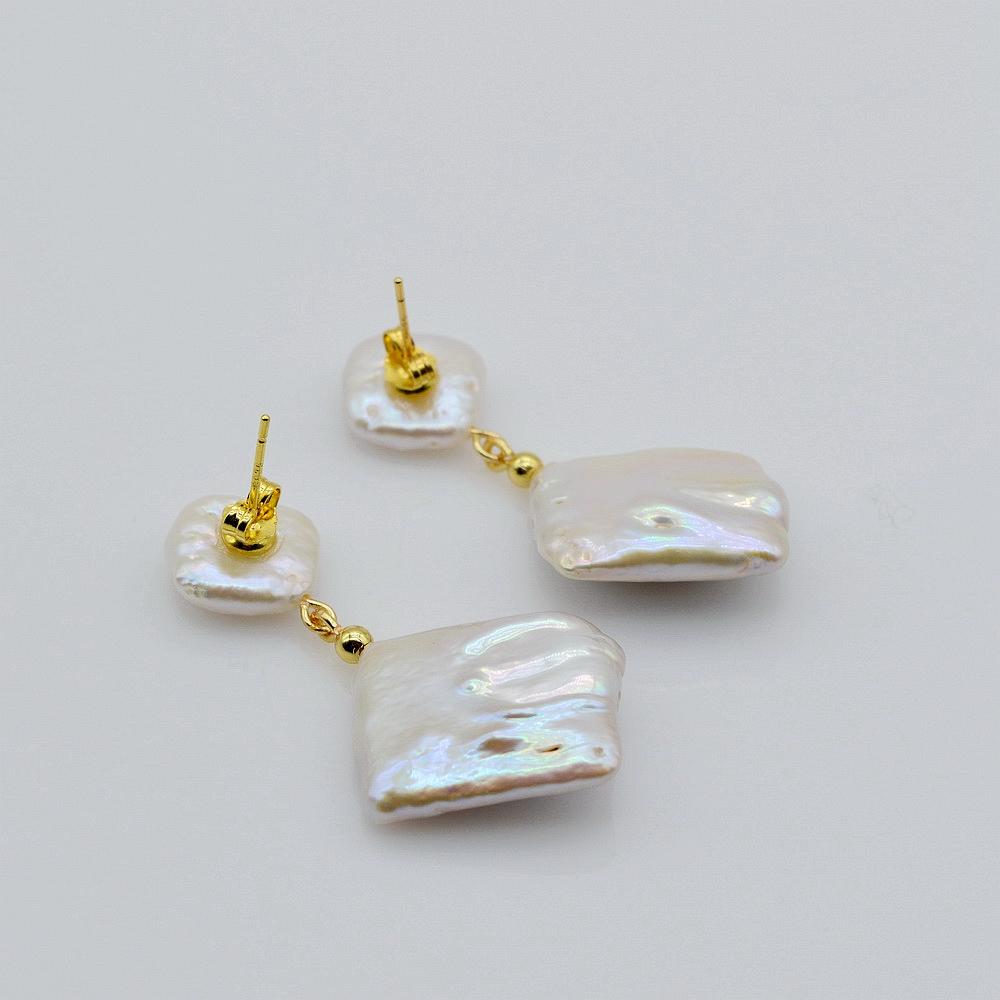 Boucles d'oreilles géométriques en perles d'eau douce naturelles blanches, boucles d'oreilles en or, boucles d'oreilles baroques plates et carrées, boucles d'oreilles en perles pour femmes