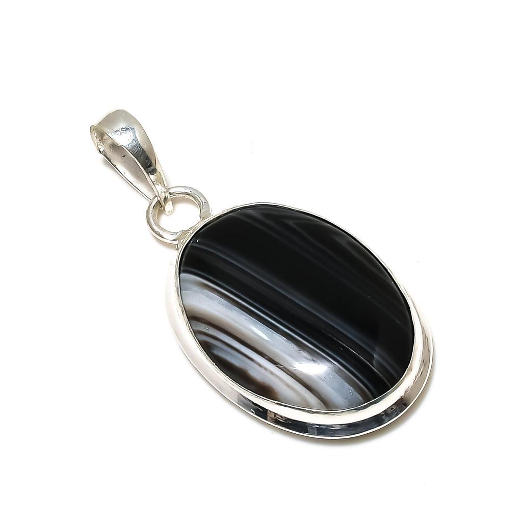Black Banded Agate Gemstone Pendant, Natural Black Banded Agate Gemstone Handmade 925 Sterling Silver Pendant For Women Pendant For Gifts