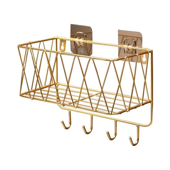 

Bathroom Storage Rack with Hollow And Multi-Hook Design Basket Large Capacity Adhesive Installation Organizer for Home S