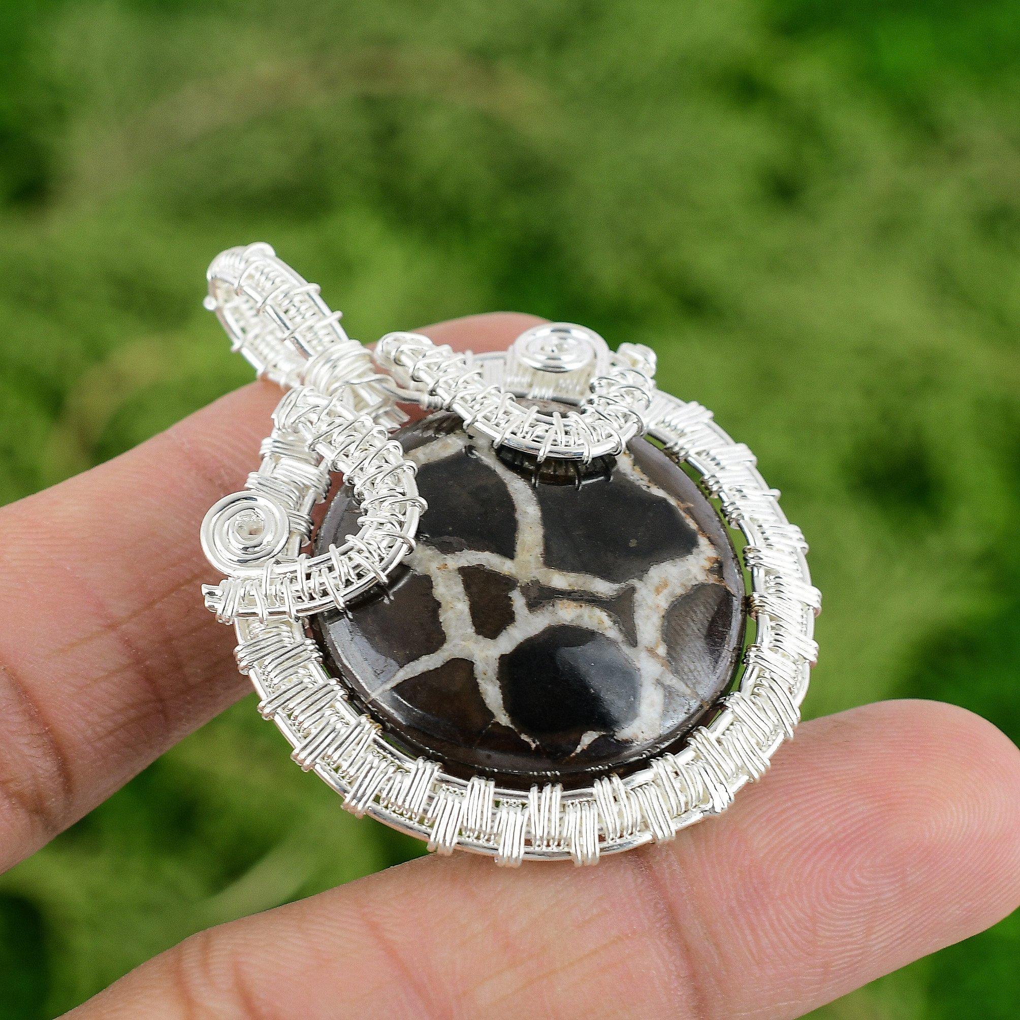 

925 Sterling Silver Moroccan Mud Crack Fossil Gemstone Wife Wire Wrapped Pendant