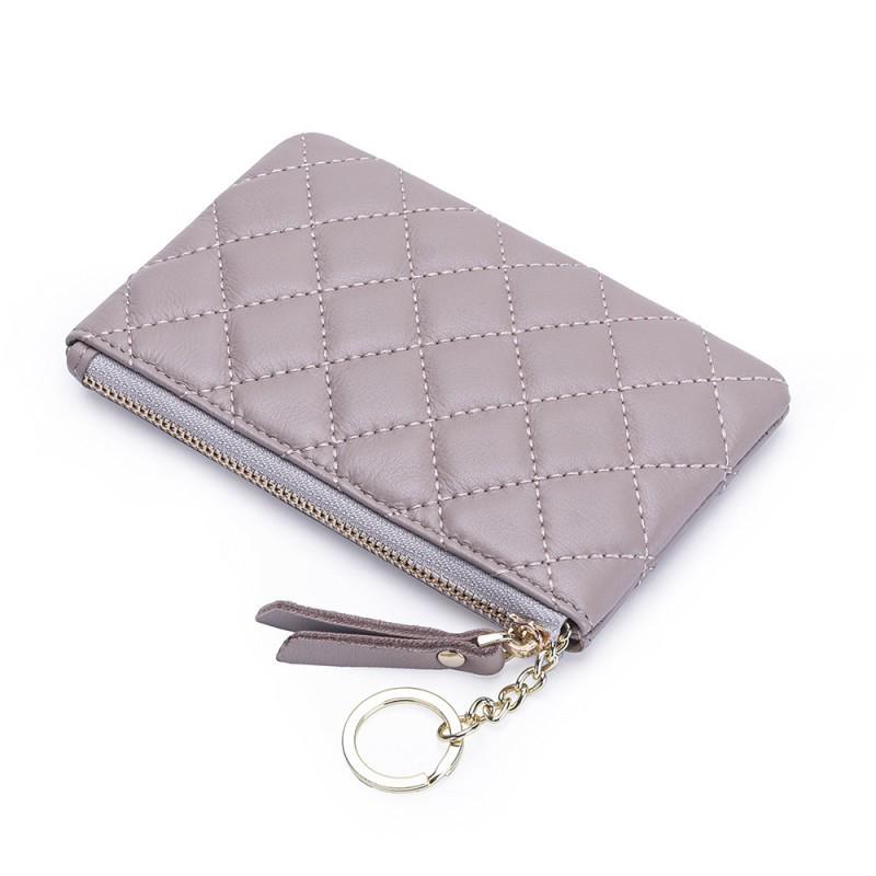 Korean Sheepskin Change Purse Women's Hand-held Key Chain Loose Wallet Diamond-grid Zipper Mini Genuine Leather